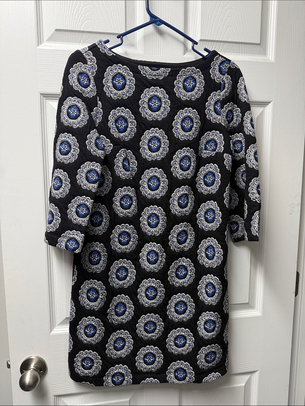 LOFT Black Shift Dress with Blue Medallion Print